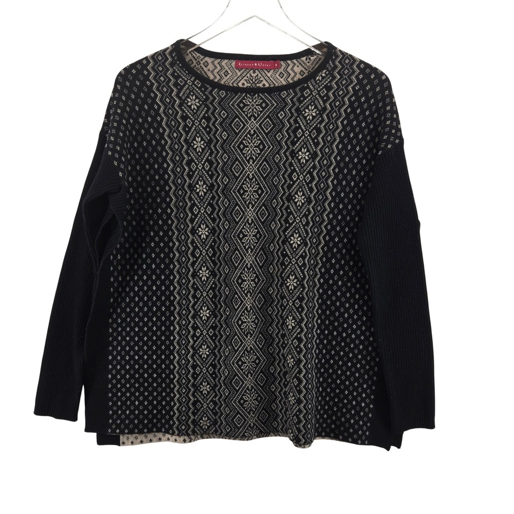 Krimson Klover Women Black Cream 100% Wool Fair Isle Nordic Sweater Small